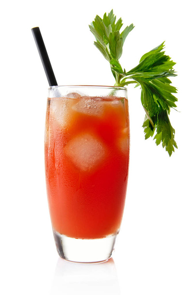 Bloody Mary with ice cubes with celery isolated on white - Photo, image