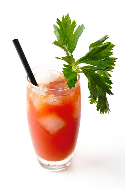 Bloody Mary with ice cubes with celery isolated on white - Foto, Imagen