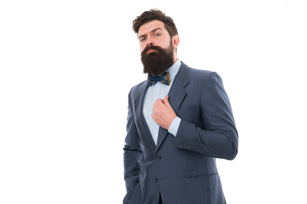 Businessman or host fashionable outfit isolated white. Classy style. Man bearded hipster wear classic suit outfit. Formal outfit. Take good care of suit. Elegancy and male style. Fashion concept - Foto, imagen