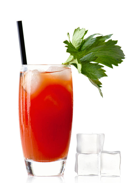 Vodka Bloody mary drink with ice cubes isolated on white - Φωτογραφία, εικόνα