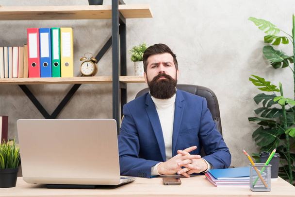 Ceo and executive director. Man bearded boss sit office laptop. Manager solving business problems. Businessman in charge successful business solutions. Developing business strategy. Risky business - Photo, image