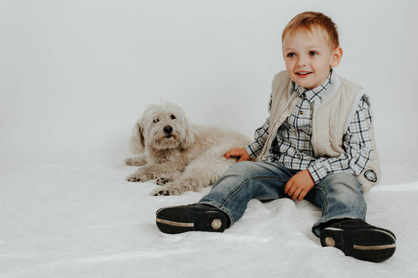 Ένα μικρό αγόρι κάθεται, παίζοντας με ένα λευκό σκυλί. - Φωτογραφία, εικόνα