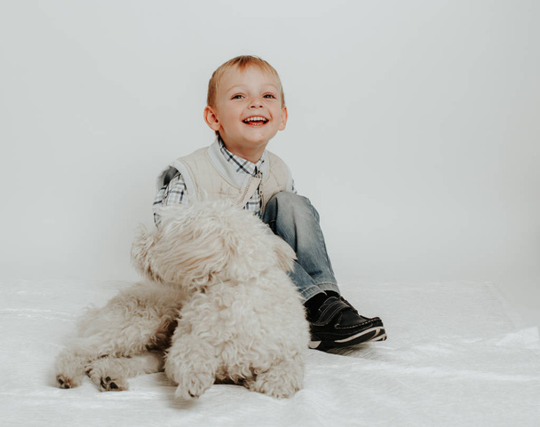 Chlapeček sedí, hraje s bílým psem. - Fotografie, Obrázek