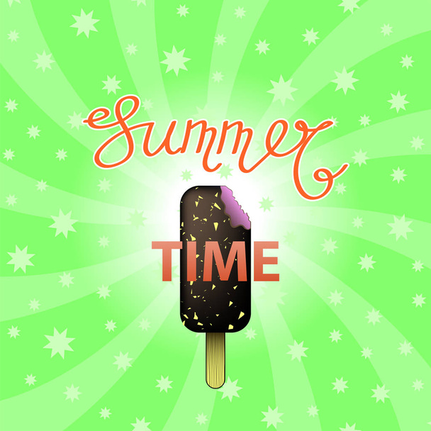 Schriftzug Sommerzeit Text mit Eis auf grünem Strudel Sternenhintergrund. Handskizziertes Sommertypografie-Zeichen - Foto, Bild