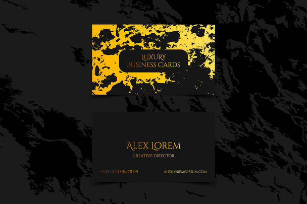 Luxury black business cards with marble texture and gold detail vector template, banner or invitation with golden foil on black background. Branding and identity graphic design. - Vector, Image