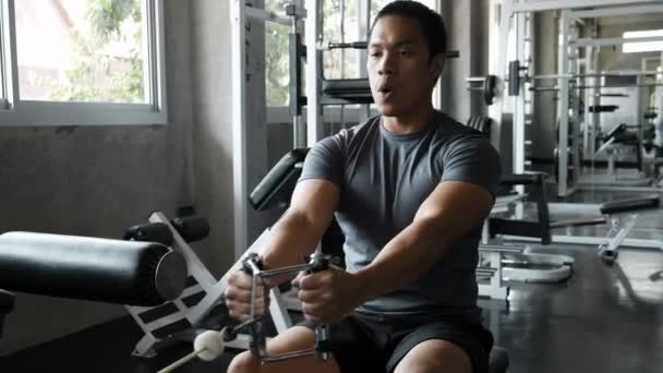 Young Asian man using chest press in gym. Fitness lifestyle. - Filmmaterial, Video