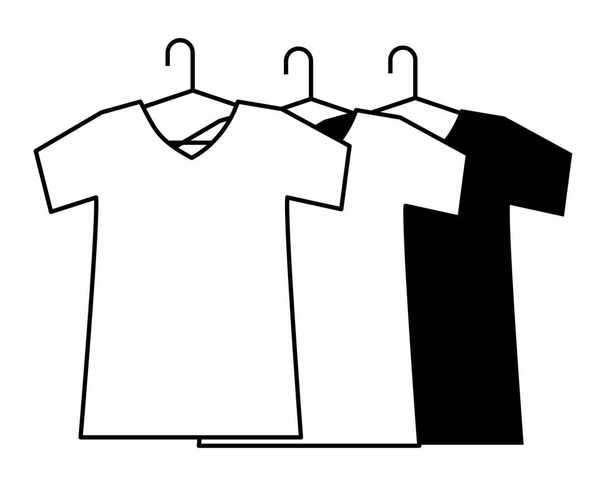 t-shirts op hangers kleren beeldverhaal in zwart-wit - Vector, afbeelding