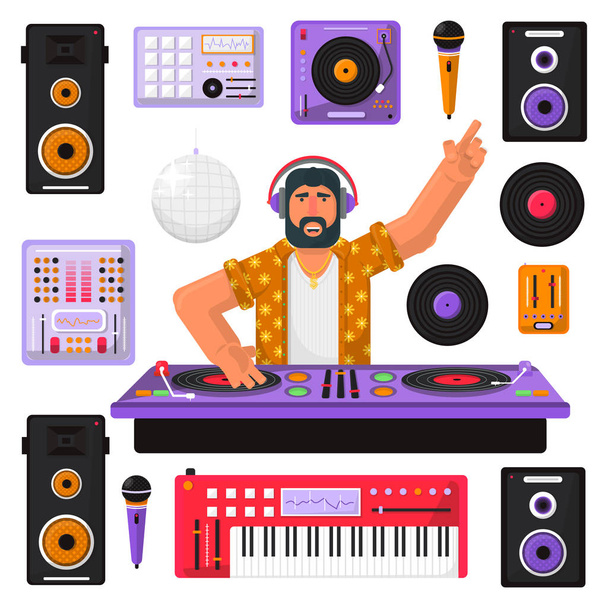 Young hipster DJ with beard and equipment mixing music on the turntables. DJ playing and mixing music. DJ in headphones mixing music at a party. Dj equipment.Vector flat illustration. - Vector, Image
