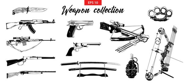 Serie di schizzi disegnati a mano di diverse armi isolate su sfondo bianco
.  - Vettoriali, immagini