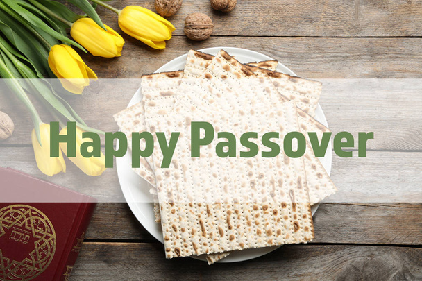Flat lay composition of symbolic Pesach items on wooden background. Happy Passover - Photo, Image