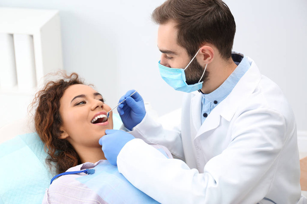 Dentist examining African-American woman's teeth with mirror in hospital - 写真・画像