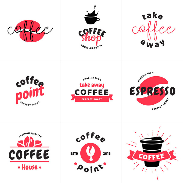 Set van moderne coffeeshop logo ontwerp vectorillustratie. Uw merk van café logo's sjabloon met teken tekstelementen - Vector, afbeelding