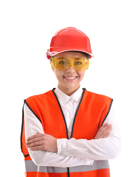 Female industrial engineer in uniform on white background. Safety equipment - Foto, Bild