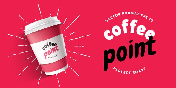 Mintája fel a márka-reális kávé papírpohár piros háttér sablon. A logo design a papír poharat. A logó branding vektoros illusztráció bemutatása. Trend 2019 színek - Vektor, kép