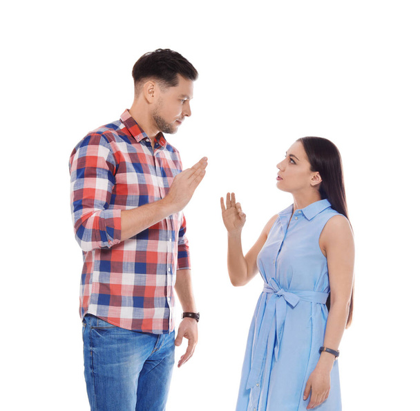 Hearing impaired friends using sign language for communication isolated on white - Photo, Image