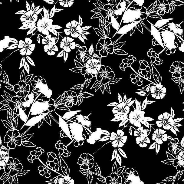 Seamless pattern with leaves and flowers. Decorative herbal background. - Vector, Image