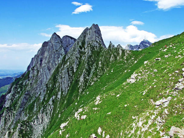 Alpine landscape and rocky peaks of Alpstein mountain range - Cantons of St. Gallen and Appenzell Innerrhoden, Switzerland - Photo, Image