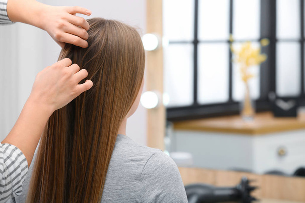 Professional coiffeuse braiding client's hair in salon - Foto, imagen