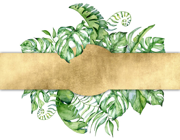 Tropical watercolor leaves banner on white background. Exotic floral designs. Hand drawn illustration - Valokuva, kuva