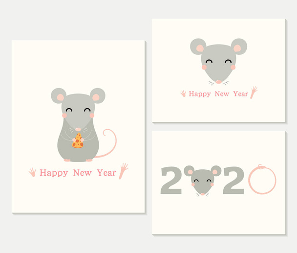 Conjunto de tarjetas de Año Nuevo 2020 con ratas lindas y sellos rojos, ilustración vectorial dibujada a mano. Concepto de diseño para banner de vacaciones
 - Vector, Imagen