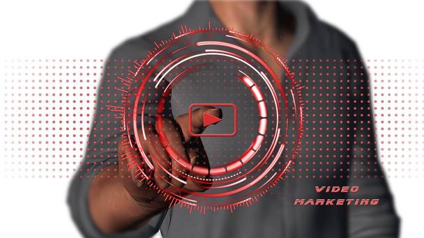 Video Marketing Online obchodní koncepce-muž lisování červeného designu startButton - Fotografie, Obrázek