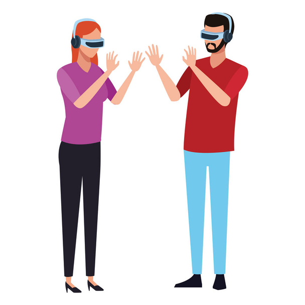 Люди, играющие с технологиями виртуальной реальности
 - Вектор,изображение