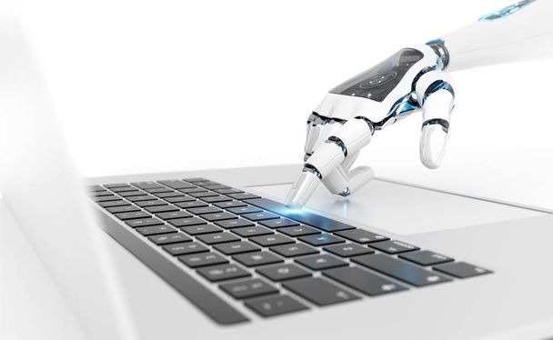 White robot cyborg hand pressing a keyboard on a laptop 3D rende - Foto, Bild