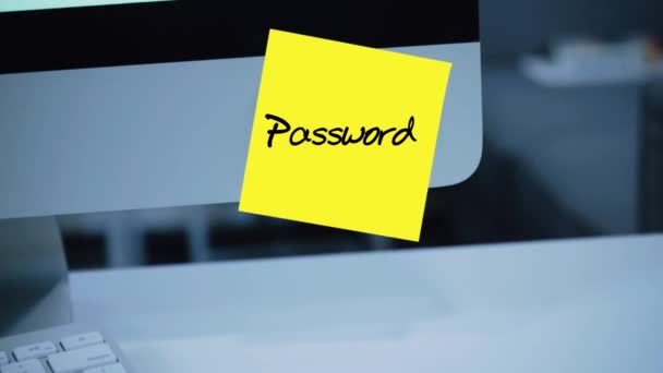 Simple, easy password. Qwerty. 1234567. Computer security. Account hacking. Password on the monitor. Handwritten text written with a marker. Color sticker. A message for an employee, a colleague - Footage, Video