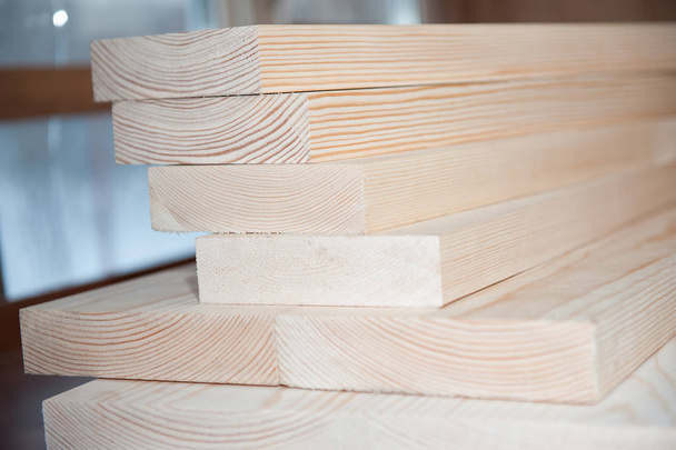 Stack of timber boards, wood panels. Wood boards. Timber in stock. - Foto, Imagem