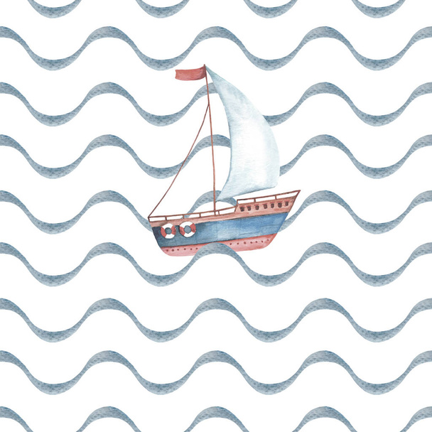 Акварельний морський безшовний візерунок. Корабель пливе на море до пригод. Ілюстрація на білому тлі (з кольору). Очікування літа
. - Фото, зображення