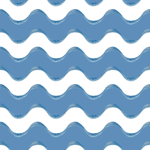 Бесшовный рисунок акварели с волнистыми белыми и синими линиями, имитирующими поверхность моря. Иллюстрация. В ожидании лета
. - Фото, изображение