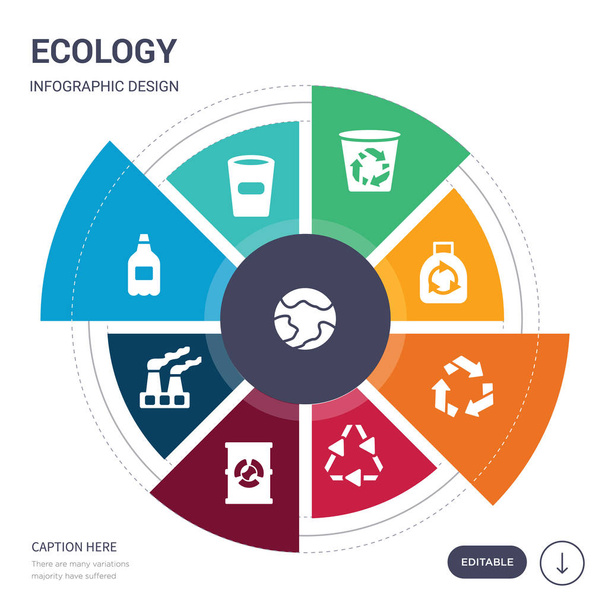 készlet 9 egyszerű ökológia vektoros ikonok. tartalmaz, mint a Föld bolygó, műanyag, műanyag flakon, szennyezés, radioaktív, újrahasznosítható, recycle ikonok és mások. szerkeszthető infographics design - Vektor, kép