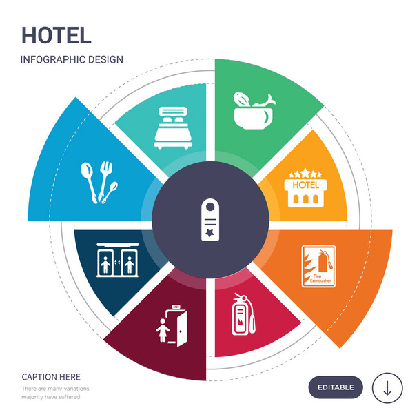 Zestaw 9 ikon wektorowych prosty hotel. zawiera takie jak wieszak na drzwi, podwójne łóżko, jedzenie naczynia, winda, exit, Gaśnica, Gaśnica ikon i innych. Projekt można edytować infografiki - Wektor, obraz