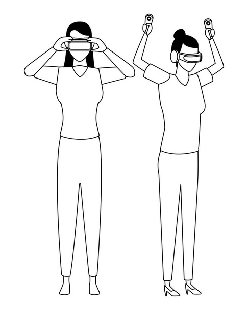 白と黒の仮想現実の眼鏡で遊んでの人々 - ベクター画像