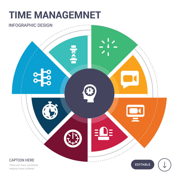 9 シンプルな時間マネジメント ベクトルのアイコンのセットです。時間の心など時間のプレッシャー、タイムライン、タイマー、タイミング、緊急、ビデオ会議アイコンが含まれています。編集可能なインフォ グラフィック デザイン - ベクター画像