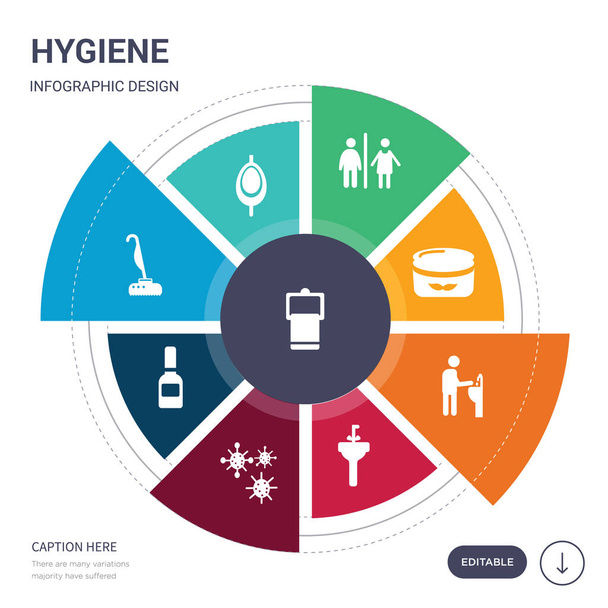 set of 9 simple hygiene vector icons. contains such as towel, urinal, vacuum, varnish, virus, washbasin, washbowl icons and others. editable infographics design - Vector, Image