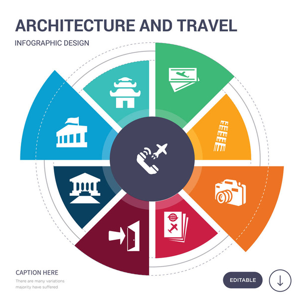 9 basit mimarisi ve seyahat vektör simgeler kümesi. giden, pagoda, pantheon, parthenon, geçit, pasaport, fotoğraf simgeler ve diğerleri gibi içerir. düzenlenebilir infographics tasarım - Vektör, Görsel