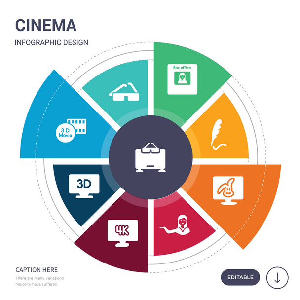 Set von 9 einfachen Kino-Vektor-Symbolen. enthält wie 3D-Bildschirm, 3D-Brille, 3D-Film, 3D-Fernsehen, 4k, Schauspielerin, Animationssymbole und andere. editierbares Design der Infografik - Vektor, Bild