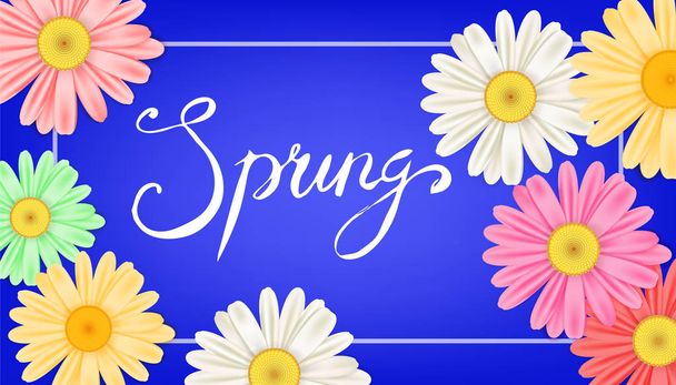 春のバナーです。手描きのレタリング。背景、カモミールとデイジー。春時のテンプレート、チラシ、ポスター、パンフレット。幸せな春の日。ファッショナブルなスタイリング。分離された花のベクトル - ベクター画像
