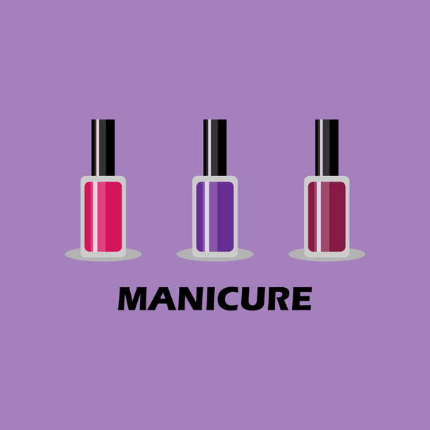 Ilustración vectorial. Set de esmalte de uñas de color aislado sobre fondo violeta con letras de manicura
. - Vector, imagen