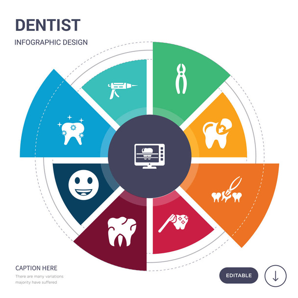 Zestaw 9 ikon wektorowych proste dentysta. zawiera takie jak RTG, uszczelniacze, błyszczący zęba, uśmiech, zęby, ząb czyszczenie, ikony ekstrakcji zębów i inne. Projekt można edytować infografiki - Wektor, obraz