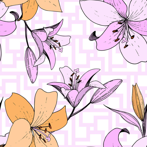 Flor botánica floral Vector Lily. Arte de tinta grabada. Patrón de fondo sin costuras. Textura de impresión de papel pintado de tela
. - Vector, Imagen