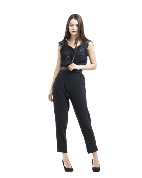 Full body, beautiful brunette woman in a black blouse and pants - Фото, изображение