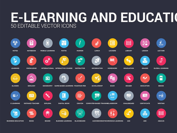 50 E-Learning und Bildungssymbole wie abacus, abc, ask, asynchrones Lernen, Hörbuch, Tafel, Blended Learning, Brett, Buch. einfache moderne isolierte Vektorsymbole können für das Web verwendet werden - Vektor, Bild