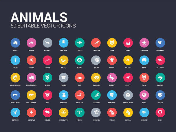50 dieren set pictogrammen zoals Leeuw, hagedis, Lama, Ara, aap, eland, mug, muis, octopus. eenvoudige moderne geïsoleerde vector pictogrammen kunnen worden gebruikt voor mobiele web - Vector, afbeelding