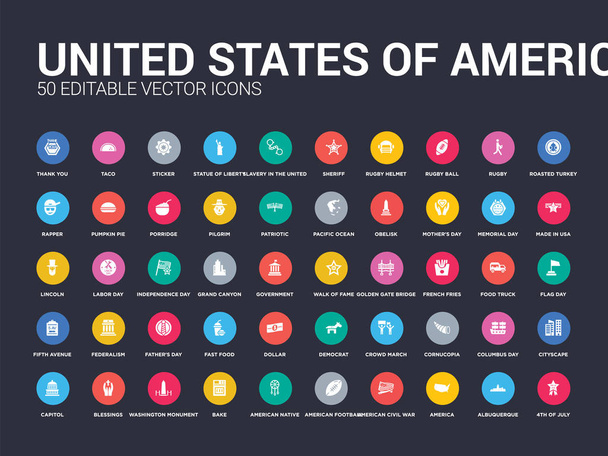 50 Egyesült Államok állítsa be ikonok, mint a július 4, albuquerque, Amerikai, Amerikai polgárháború, Amerikai futball, amerikai bennszülött, sütni, washington emlékmű, áldások. egyszerű modern izolált - Vektor, kép