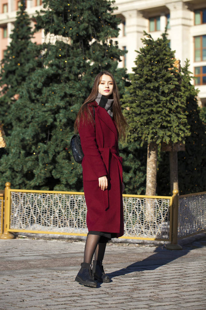 Beautiful girl in stylish in a long burgundy coat - Фото, зображення