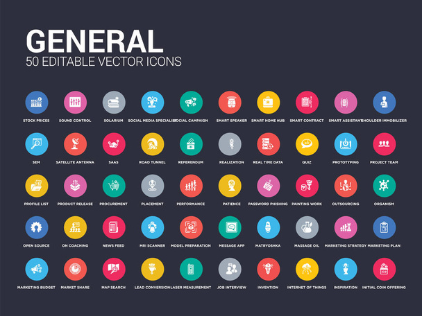 50 general set icons such as initial coin offering, inspiration, internet of things, invention, job interview, laser measurement, lead conversion, map search, market share. simple modern isolated - Vector, Image