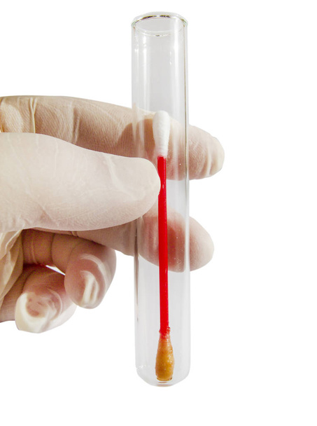 tubo de ensaio e mão em laboratório isolado em branco
 - Foto, Imagem