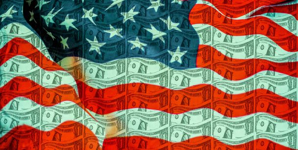 Μια ΗΠΑ δολάριο τραπεζογραμμάτιο με σημαία των Ηνωμένων Πολιτειών - Φωτογραφία, εικόνα